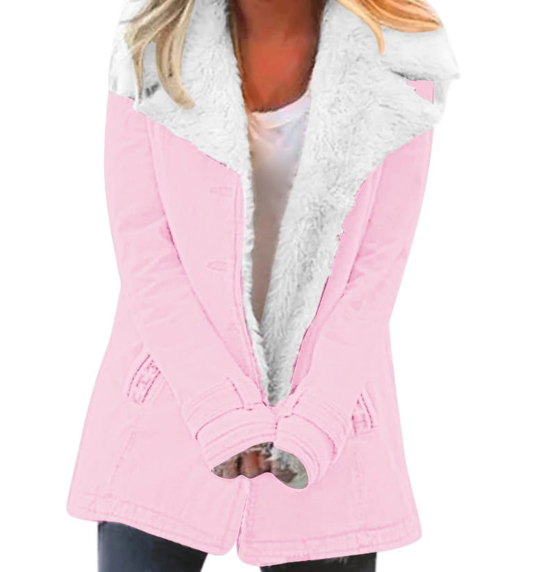 Women fleece cotton padded jacket in pink with faux fur lining and plush white interior featuring subtle stitching details.