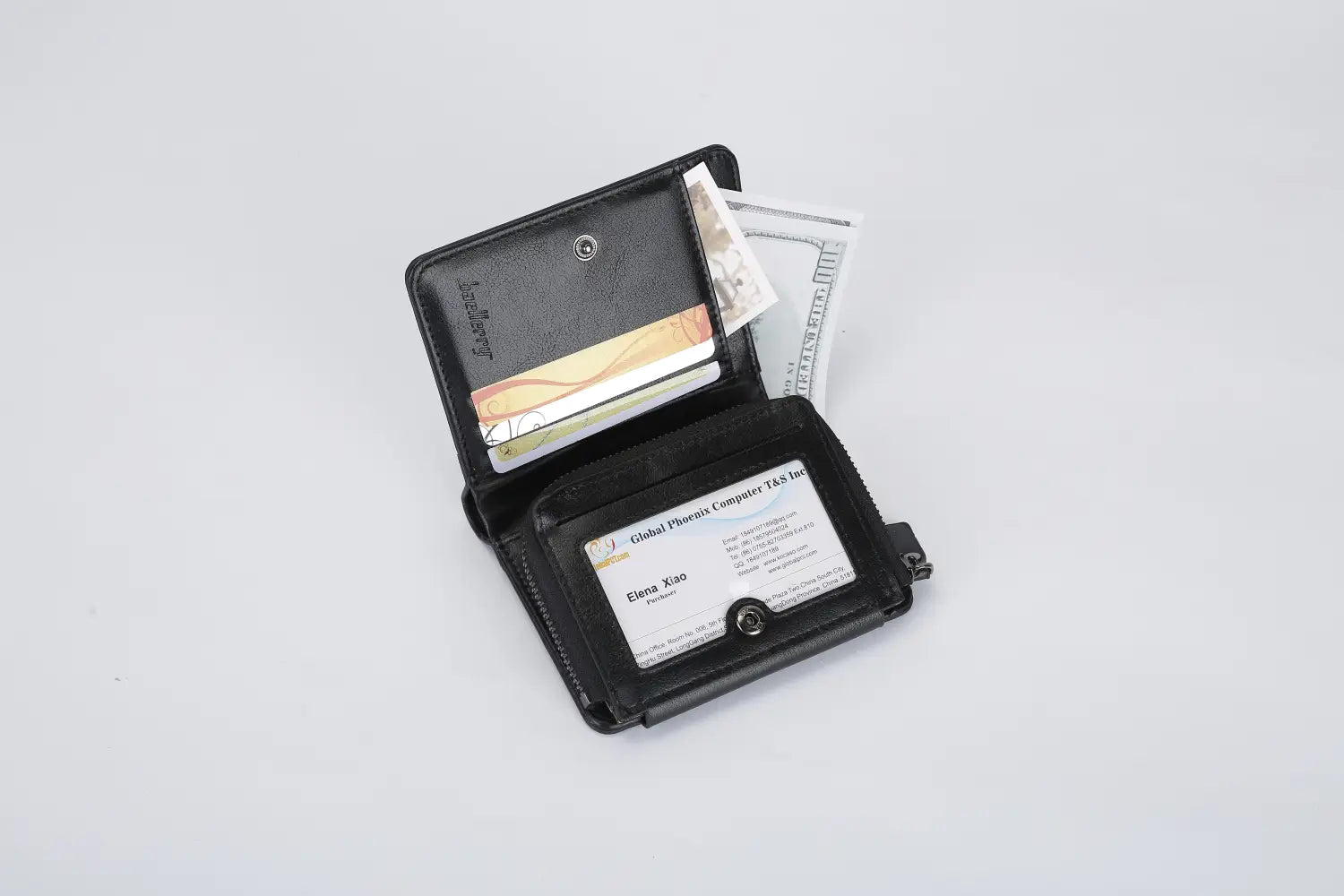 Black leather Baellerry men’s trifold pu leather zipper wallet with 14 card slots and one card slot holding an ID card.