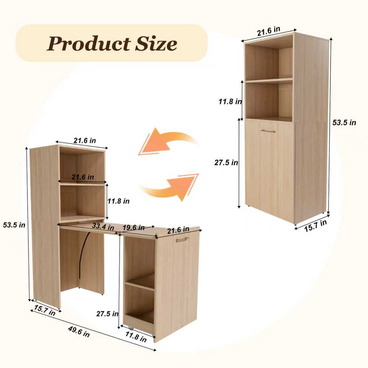 Bureau extensible en finition bois clair avec étagères de rangement, étagères de hauteur réglable, porte de caisson et roues pour la mobilité.