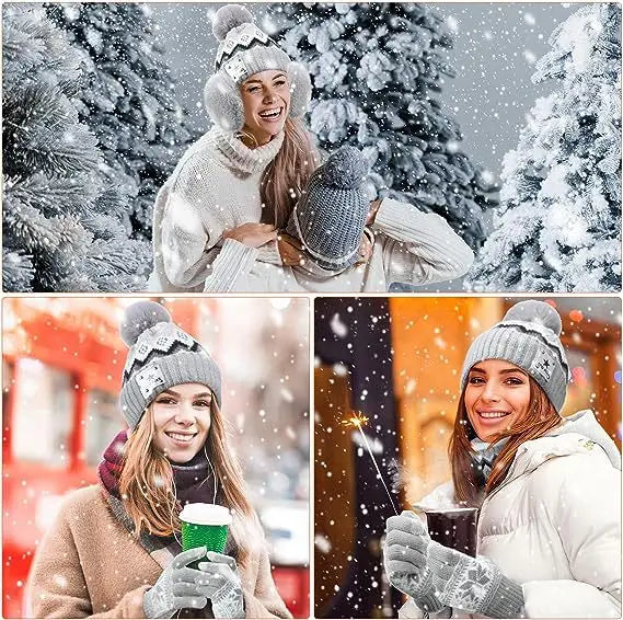 Bonnet d’hiver gris en maille chauffante USB avec pompon duveteux et bande décorative à motifs, faisant partie d’un ensemble bonnet écharpe chauffant en maille et gants.