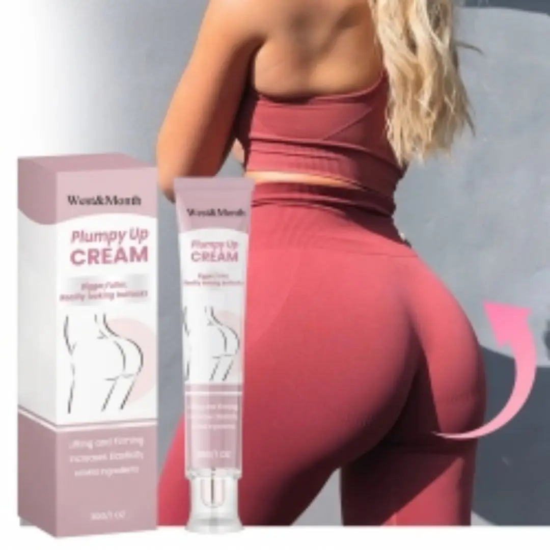 Pink plumpy up firming and lifting buttock cream in a clear tube with white cap and matching pink box branded by wom&marth.