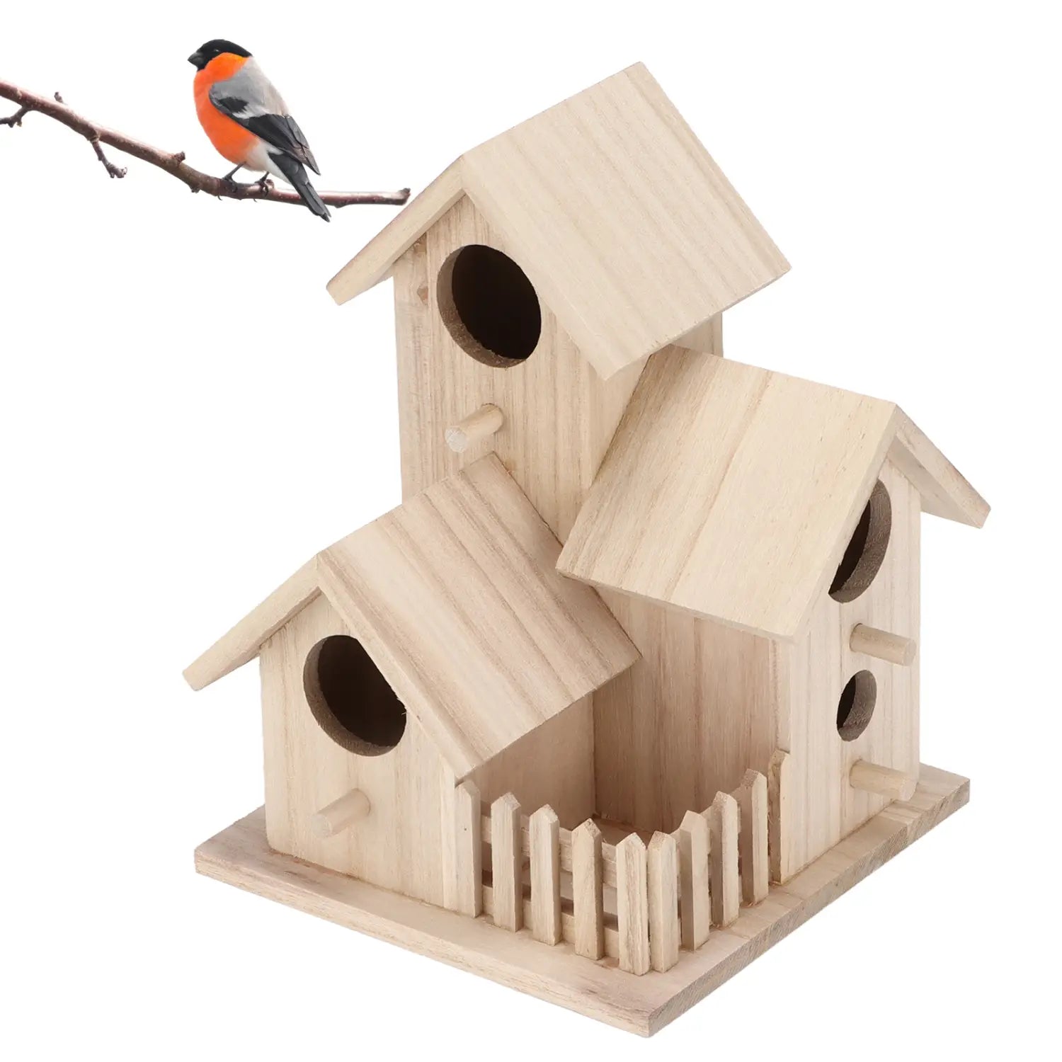 Casa para aves exterior de paulownia, de 3 compartimentos, para nidos en el jardín