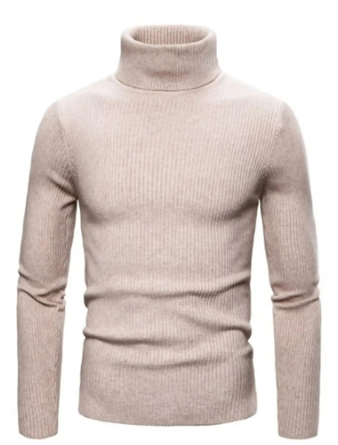 Beiger Herren-Turtleneck-Pullover Slim Fit mit eng anliegender Passform und langen Ärmeln, ideal für formelle und legere Kleidung.