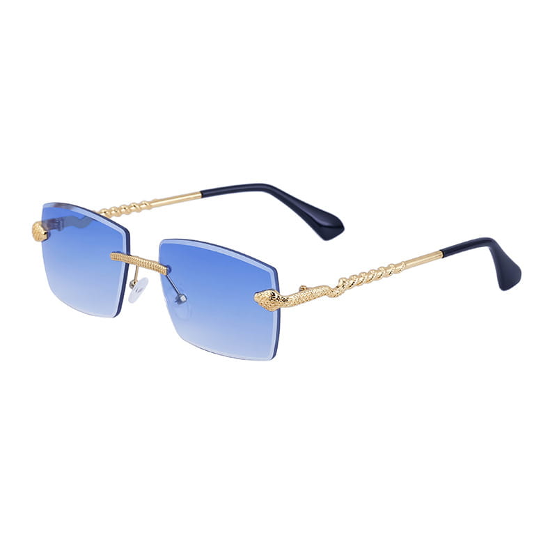 Rimless sunglasses for men featuring blue gradient lenses with gold-tone twisted metal frames and black temple tips offering UV400 protection.