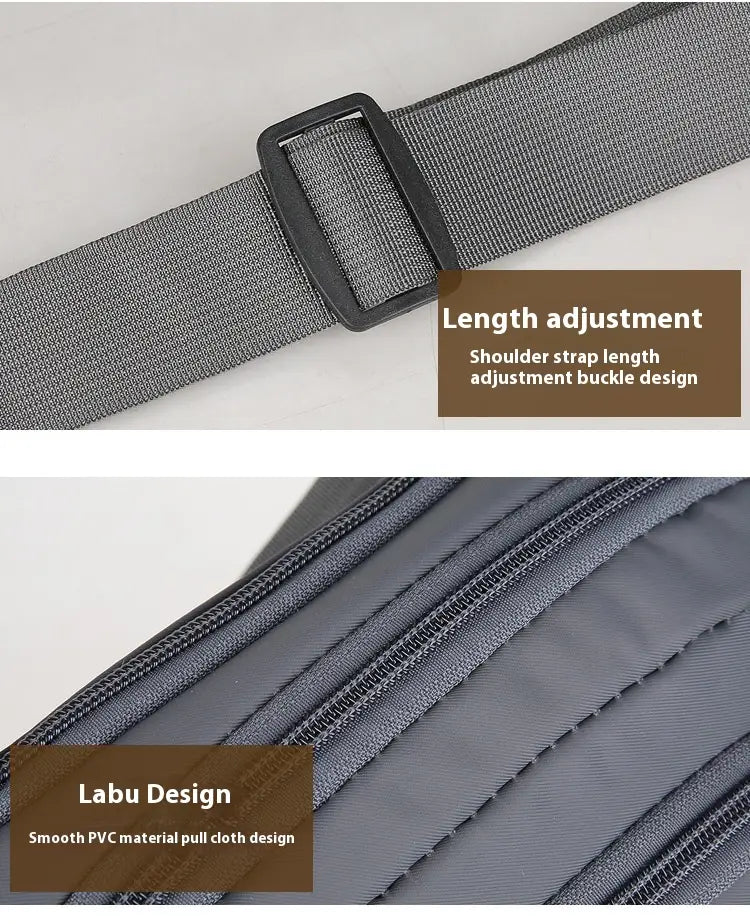 gray shoulder strap with black plastic buckle and smooth pvc pull cloth on men’s waterproof nylon multifunctional crossbody waist bag