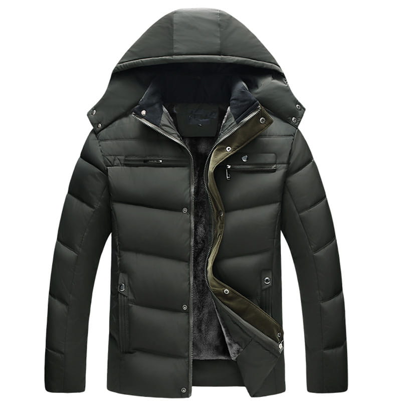Men’s slim fit dark green quilted winter jacket with a plush fleece lining and hood for warmth.
