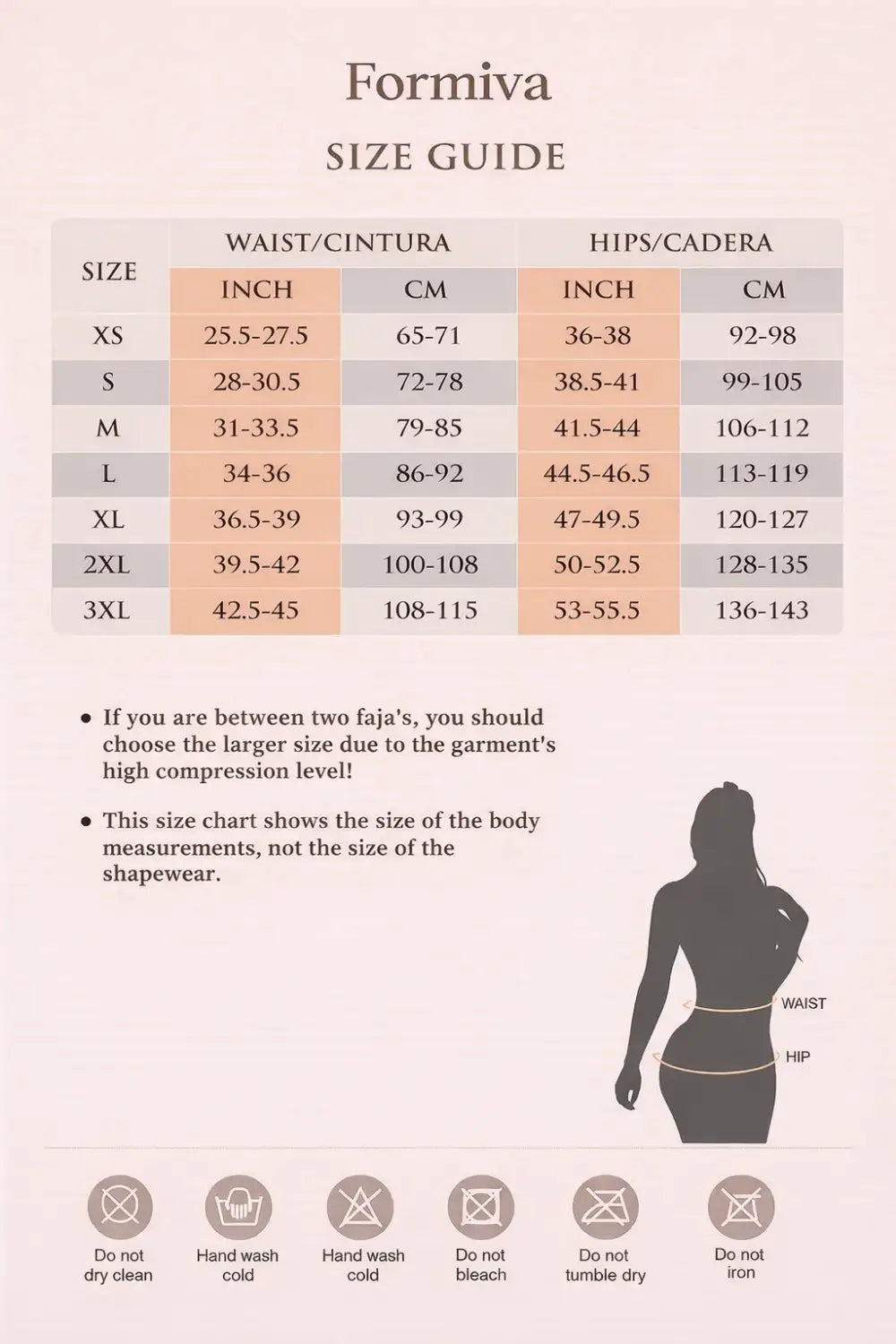 Tableau des tailles Formiva indiquant les mesures de la taille et des hanches en pouces et en centimètres, pour les tailles XS à 3XL, pour le body colombien gainant à contrôle du ventre.
