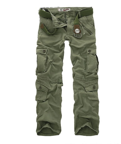 olive green camouflage cargo trousers for men featuring multiple pockets and a belt looped through the waistband