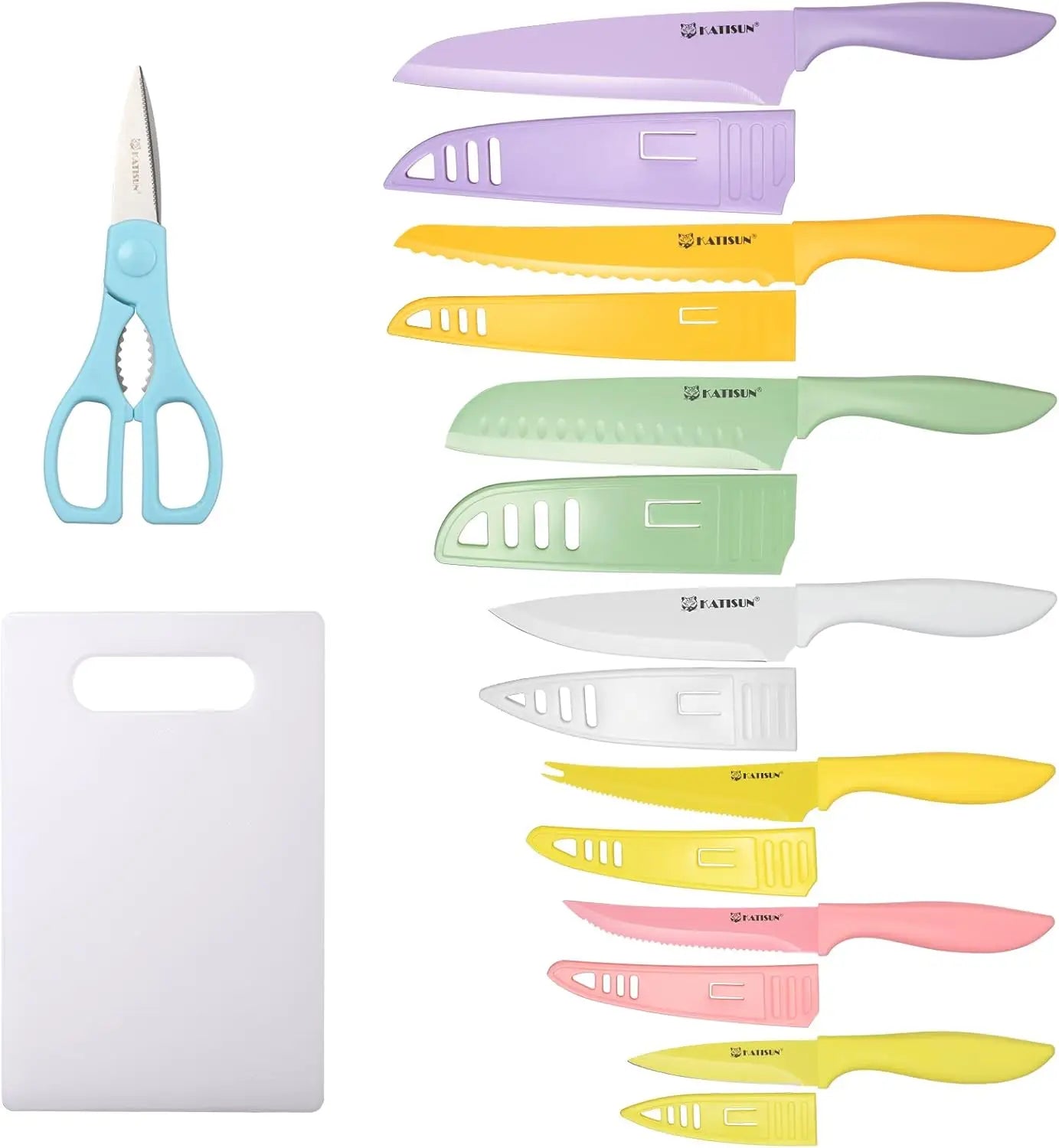 Pastel-colored ceramic knife set with matching protective sheaths and light blue faisun kitchen scissors included in the 30 piece colorful knife set with cutting board.