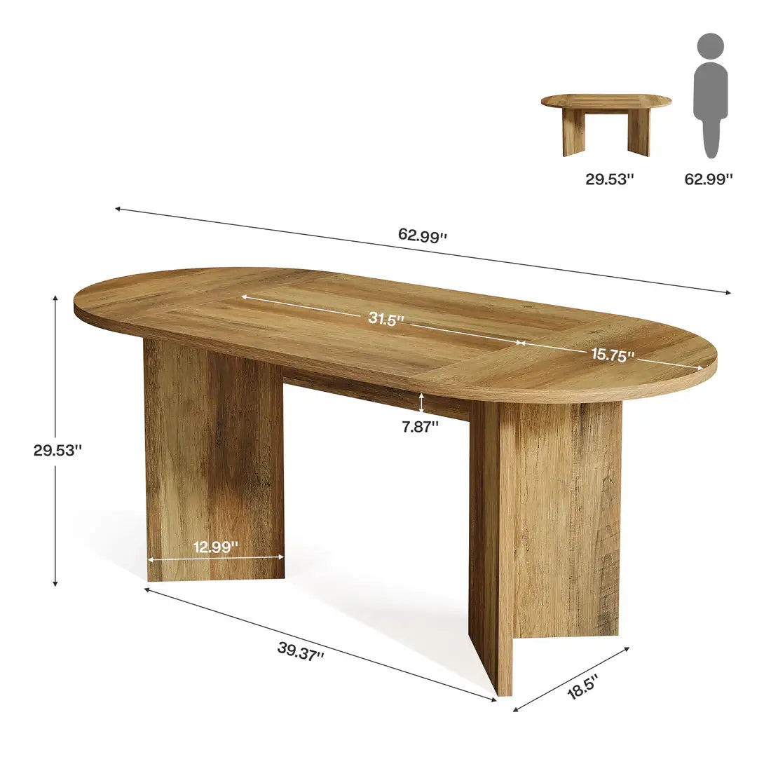 Table à manger ovale moderne en bois avec une finition claire et des pieds épais et robustes, présentée dans un design de base sur piédestal rustique de 63 pouces.