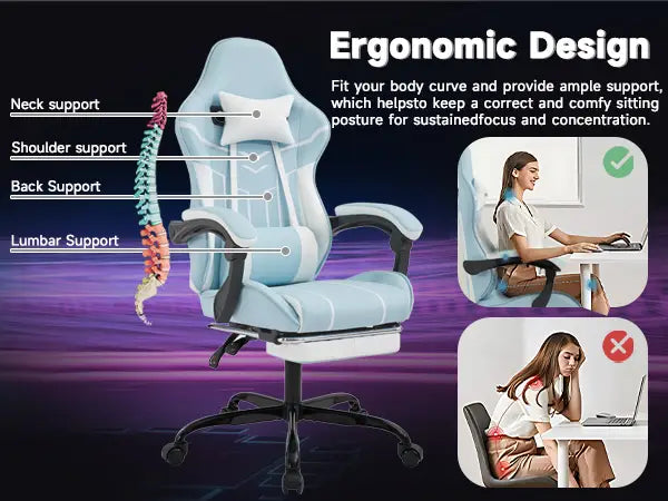 Light blue gaming chair with white accents and black metal base featuring ergonomic neck shoulder back and lumbar support with footrest and massage lumbar support.