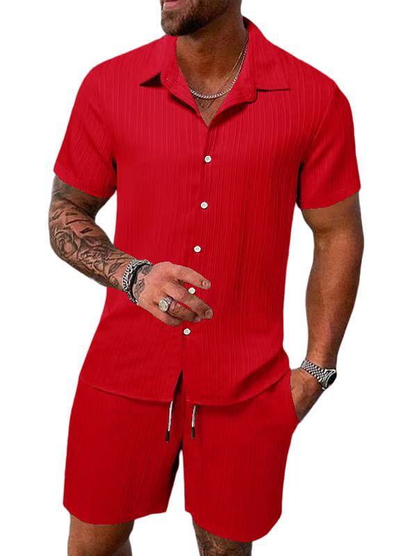 Red men’s ribbed short-sleeve button-up shirt featuring a vertical ribbed texture, part of a beach set with shorts.