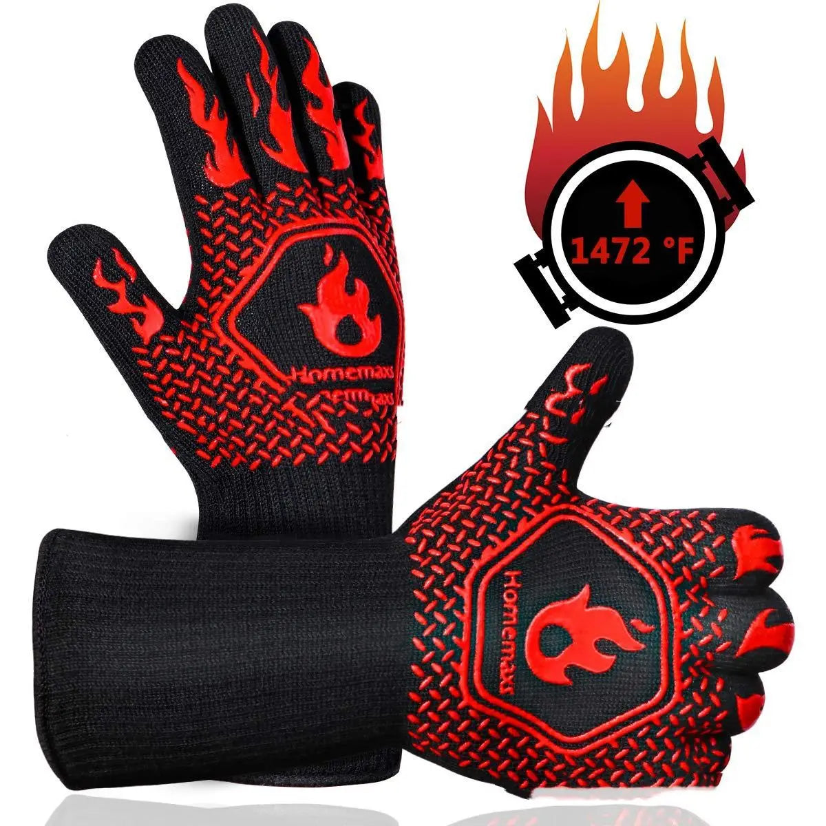 Black and red flame-patterned homemaxx grill gloves with heat-resistant flame retardant design shown from the back side.