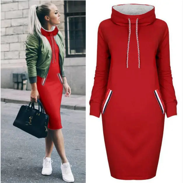 Women’s long sleeve high collar hooded midi dress in red with white and gray striped drawstrings and side pockets.