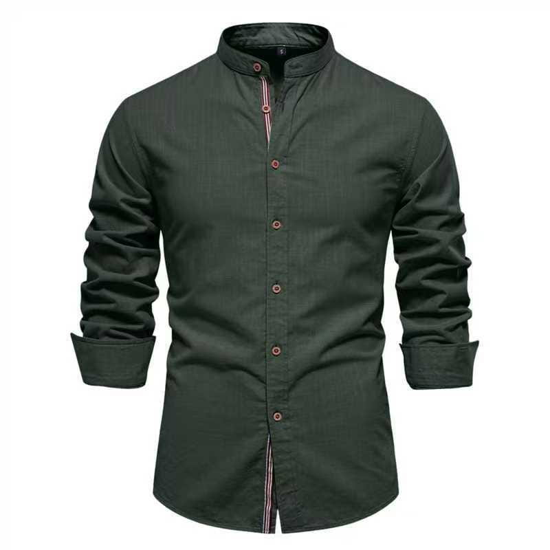 Men’s slim fit linen blend shirt in dark green with long sleeves, mandarin collar, and subtle red and white striped trim along the placket.