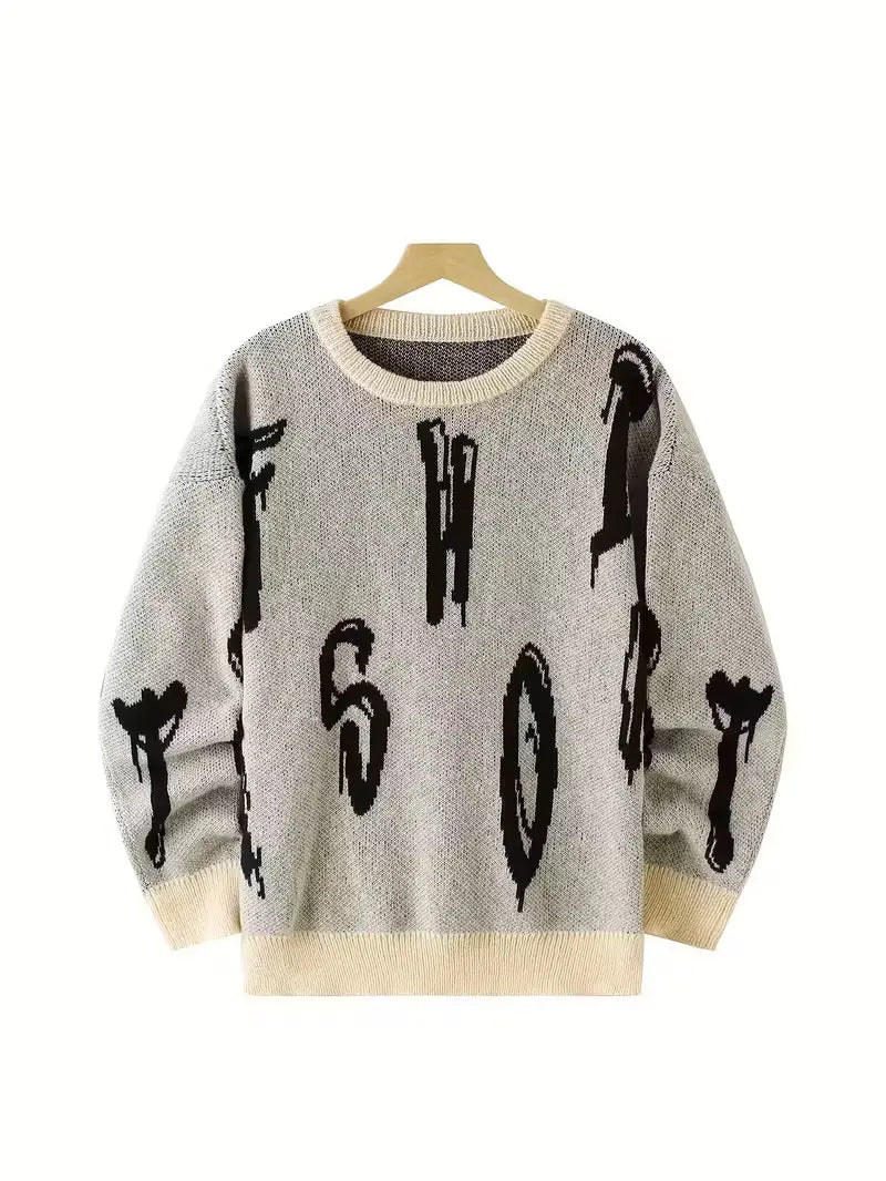 Herren-Halloween-Weihnachtsurlaub-Pullover mit grauem Strickgewebe und schwarzer tropfender Beschriftung, die das Wort „sort“ ausmacht, sowie cremefarbenen gerippten Bündchen und Saum.