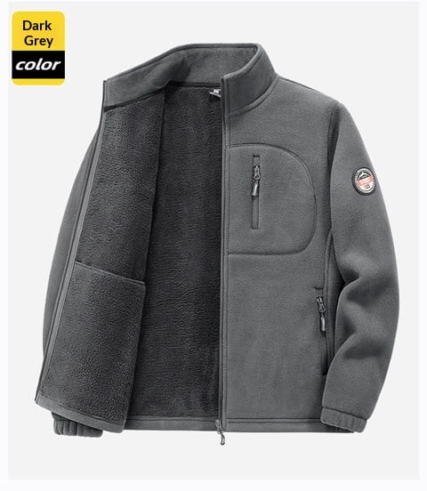 mens fleece casual multipocket winter jacket in dark grey with plush interior and zippered pockets made of fleece material for cold weather use.