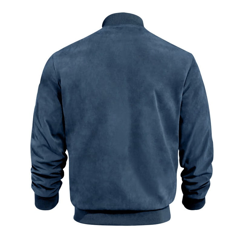Navy blue suede bomber jacket for men featuring a casual retro design ideal for everyday wear.