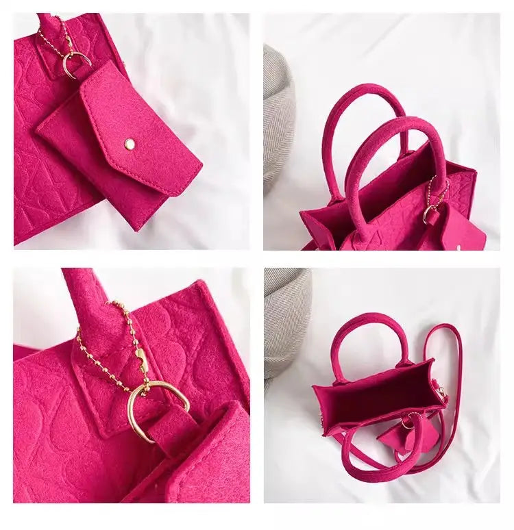 Mini-Totebag aus fuchsia-wattiertem Filz mit goldfarbenen Beschlägen und abnehmbarem Träger aus dem Filzhandtaschen-Set mit passender Geldbörse und Träger.