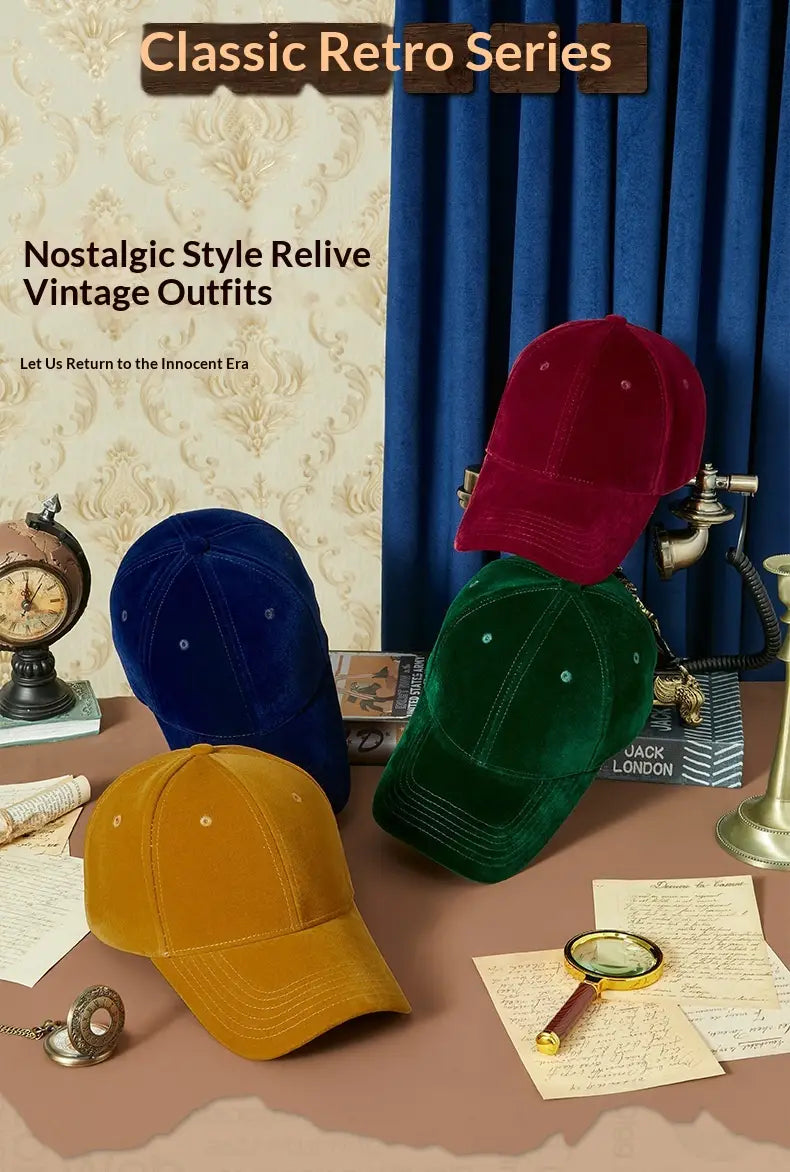 men suede baseball caps in velvet material featuring maroon navy blue emerald green and mustard yellow colors designed as thickened winter hats.