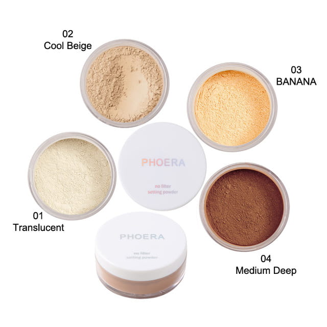 Phoera setting powder oil control matte finish in four shades cool beige banana translucent and medium deep for no filter natural coverage.
