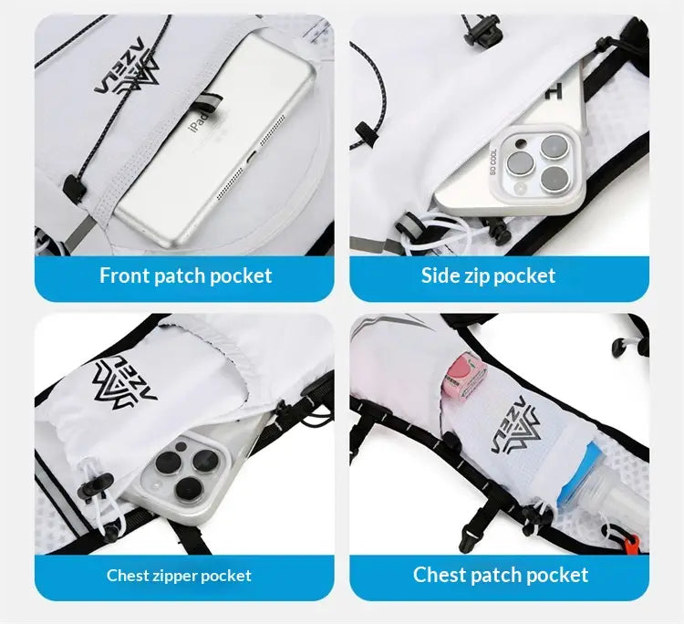 white veezy hydration backpack lightweight running vest 20l with black straps and multiple pockets for phone water bottle and gear storage
