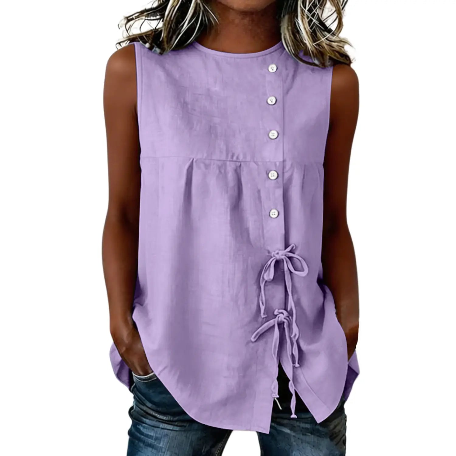 A lavender sleeveless tie side button down blouse made from lightweight fabric ideal for casual wear.