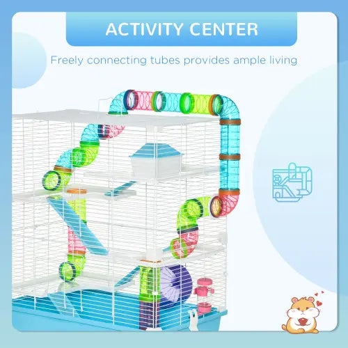 Colorful translucent plastic activity center with interconnected rainbow tubes and a blue base featured in the Pawhut 5 tier hamster cage with tunnels.