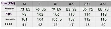 The image displays a size chart in centimeters for plus size loose cargo pants made of durable tactical fabric, listing measurements for sizes from M to XXL.