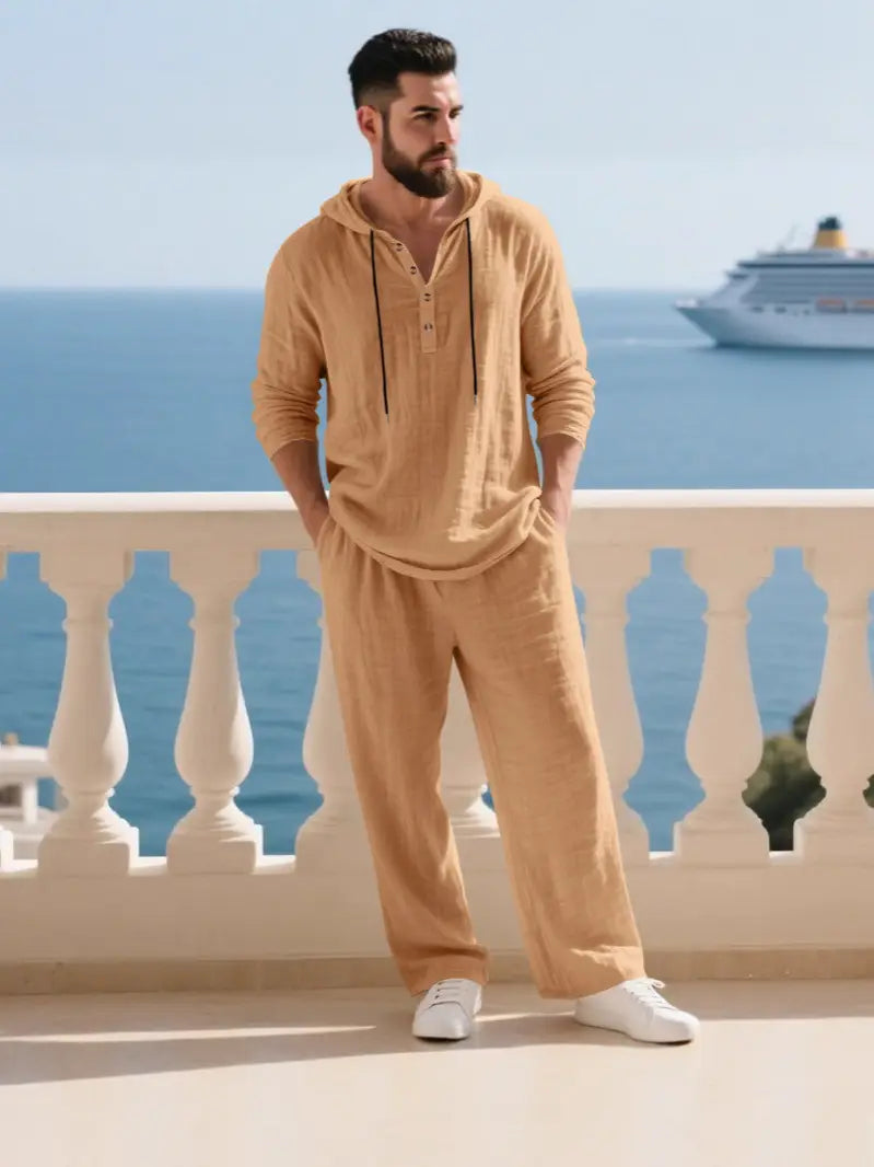Men hooded loungewear set in tan cotton blend linen featuring a hoodie and matching pants for comfortable casual wear.