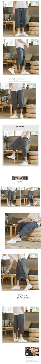 Men linen capri pants in dark gray cotton with a relaxed fit and rolled cuffs featuring a drawstring waist.