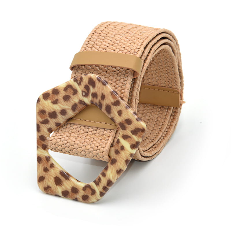 Beige woven elastic belt featuring a square leopard print buckle in a close-up product view.