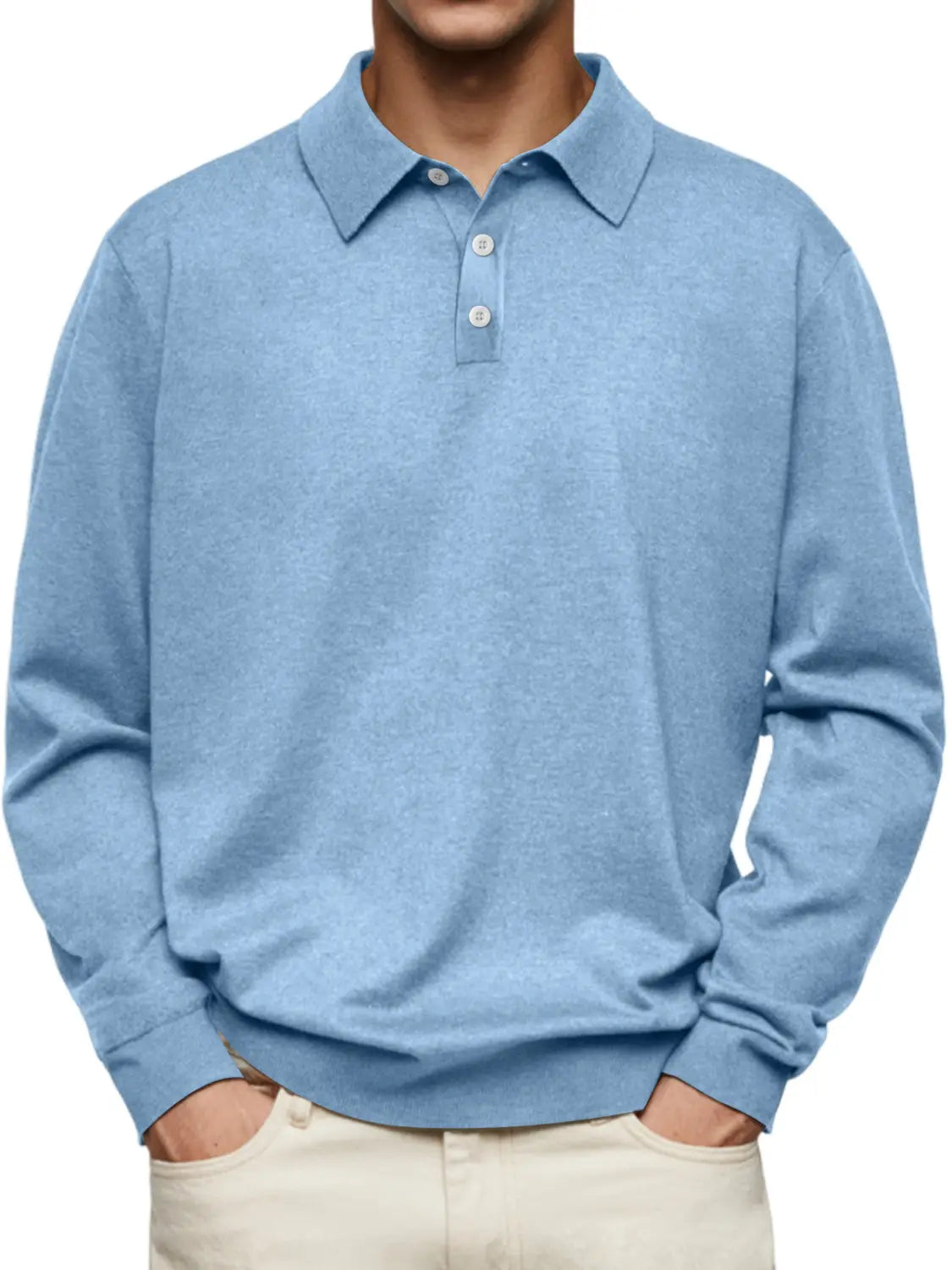 Men long sleeve v-neck button polo shirt in light blue heathered fabric with white buttons.