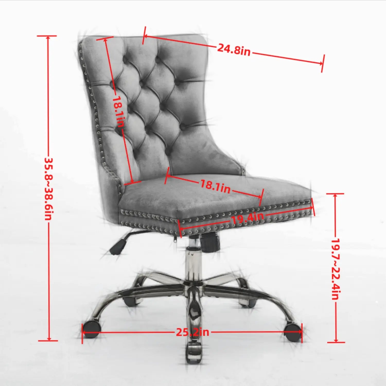 Fauteuil de bureau gris capitonné avec bordure à clous décoratifs et base chromée, présenté comme une alternative au fauteuil de bureau en velours rose poudré à capitonnage avec base dorée.