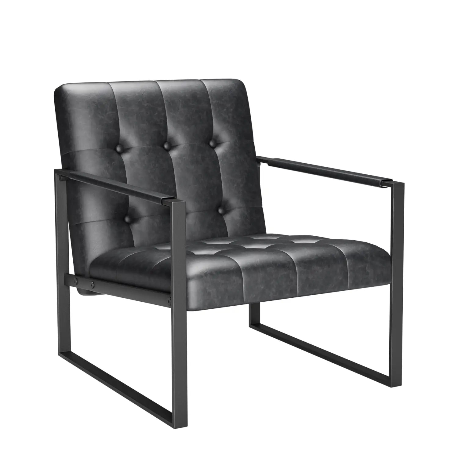 Sillón de acento de cuero negro con capitoné con un marco metálico elegante y un diseño moderno.