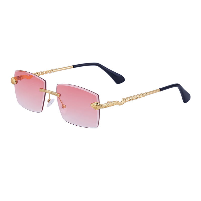 Rimless sunglasses for men with pink gradient lenses, gold-toned twisted metal frames, and black temple tips featuring UV400 protection.