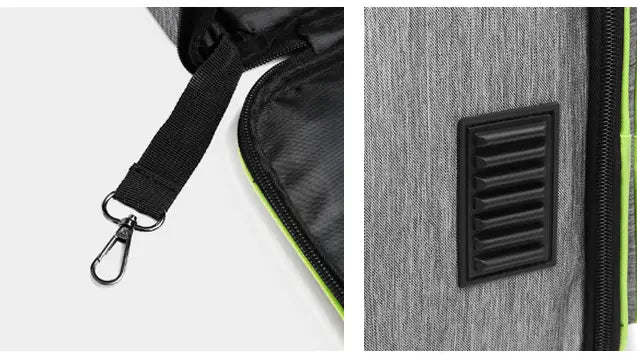 Breathable mesh pet carrier backpack in gray textured fabric with black zipper trim neon green accents and a sturdy adjustable strap with metal carabiner clip.