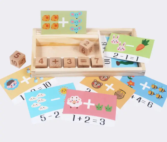 wooden math learning set with colorful illustrated cards and numbered addition blocks for educational use.