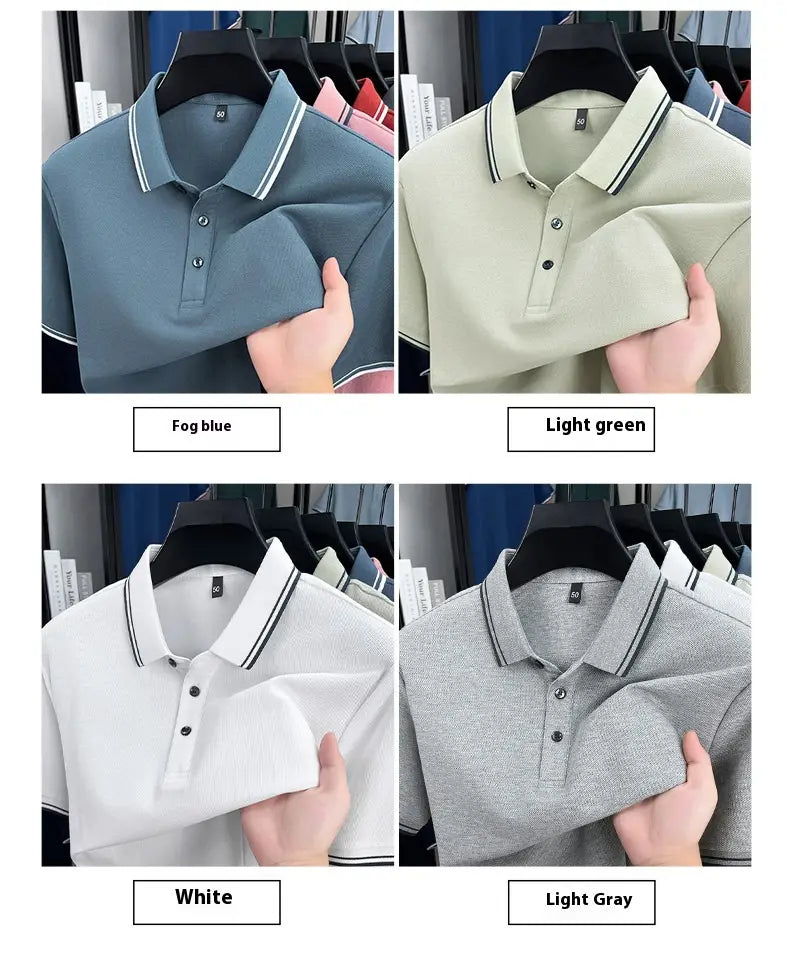 Ein Herren-Poloshirt mit kurzen Ärmeln aus mercerisierter Baumwolle in Nebelblau, Hellgrün, Weiß oder Hellgrau mit kontrastierendem schwarz-weiß gestreiftem Kragen, für sommerlich lockere, atmungsaktive Kleidung entworfen.