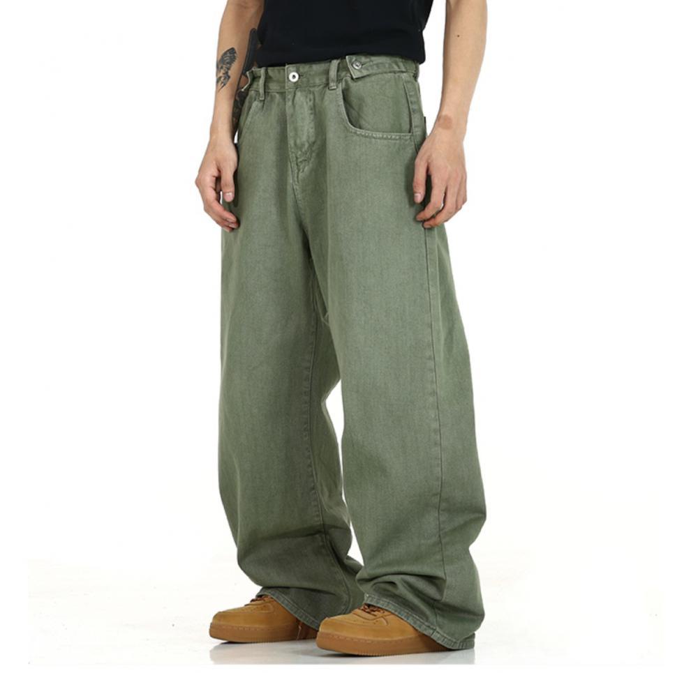 Olive green wide-leg denim pants for men featuring a vintage high waist and relaxed fit made from durable denim material.