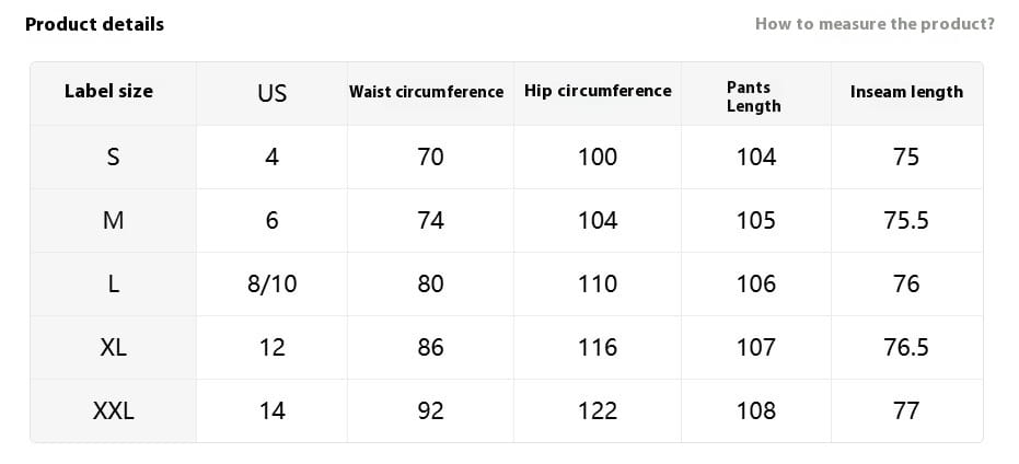 The product details table shows size conversions for waist, hip, pants length, and inseam measurements in distressed high rise wide leg denim jeans across sizes s to xxl.
