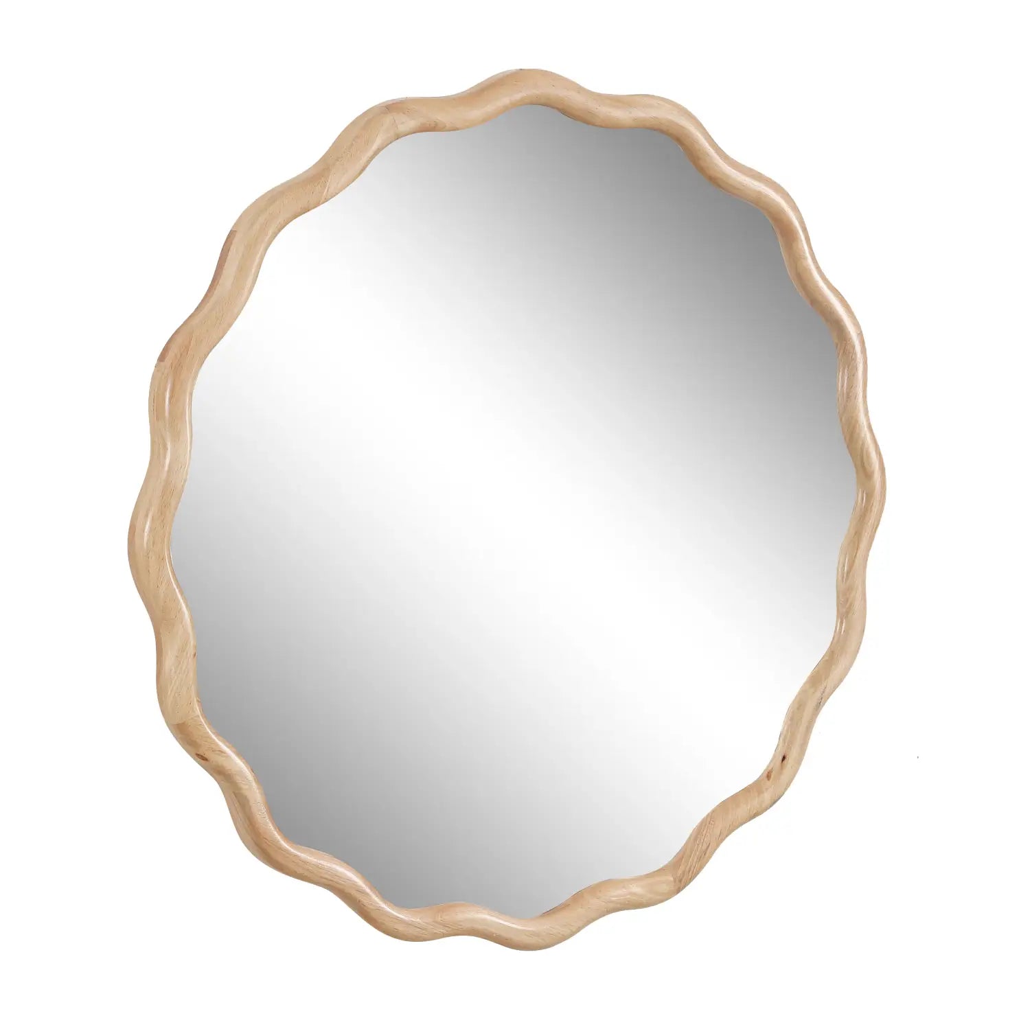 A light wood-framed solid wood wavy mirror with a scalloped edge design suitable for decorative wall use.