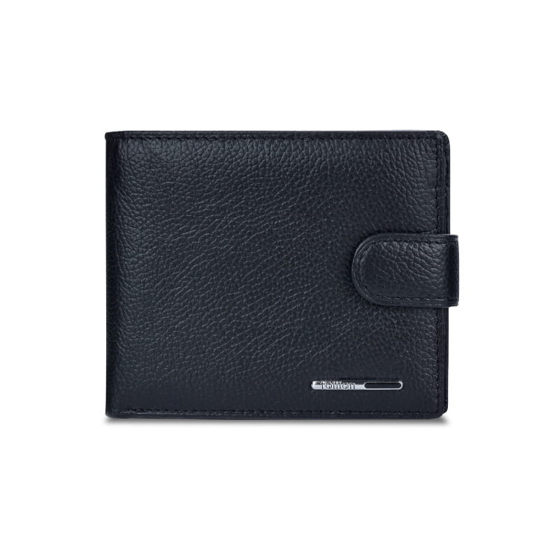 Black textured leather cowhide multifunctional bifold wallet with flap closure and silver-toned brand logo.