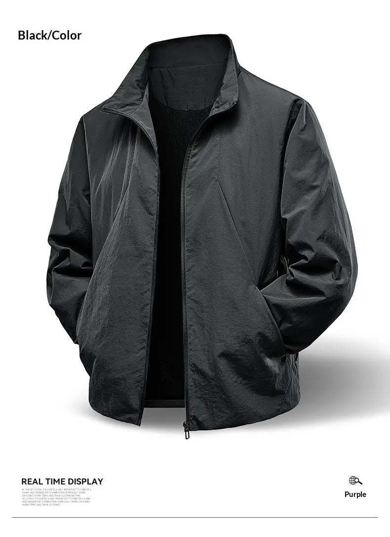 Veste zippée coupe-vent imperméable légère pour homme noire au look élégant, au design moderne et à un léger éclat discret