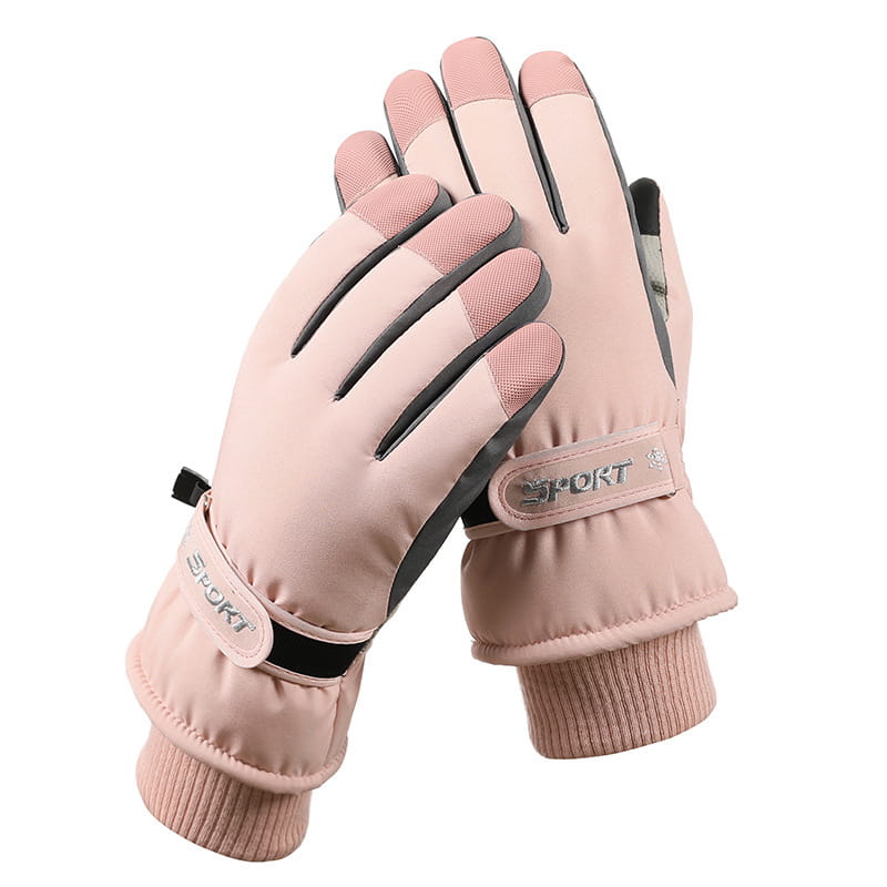 Pink and black insulated waterproof winter cycling gloves with a quilted design and sport wrist strap shown from the back side
