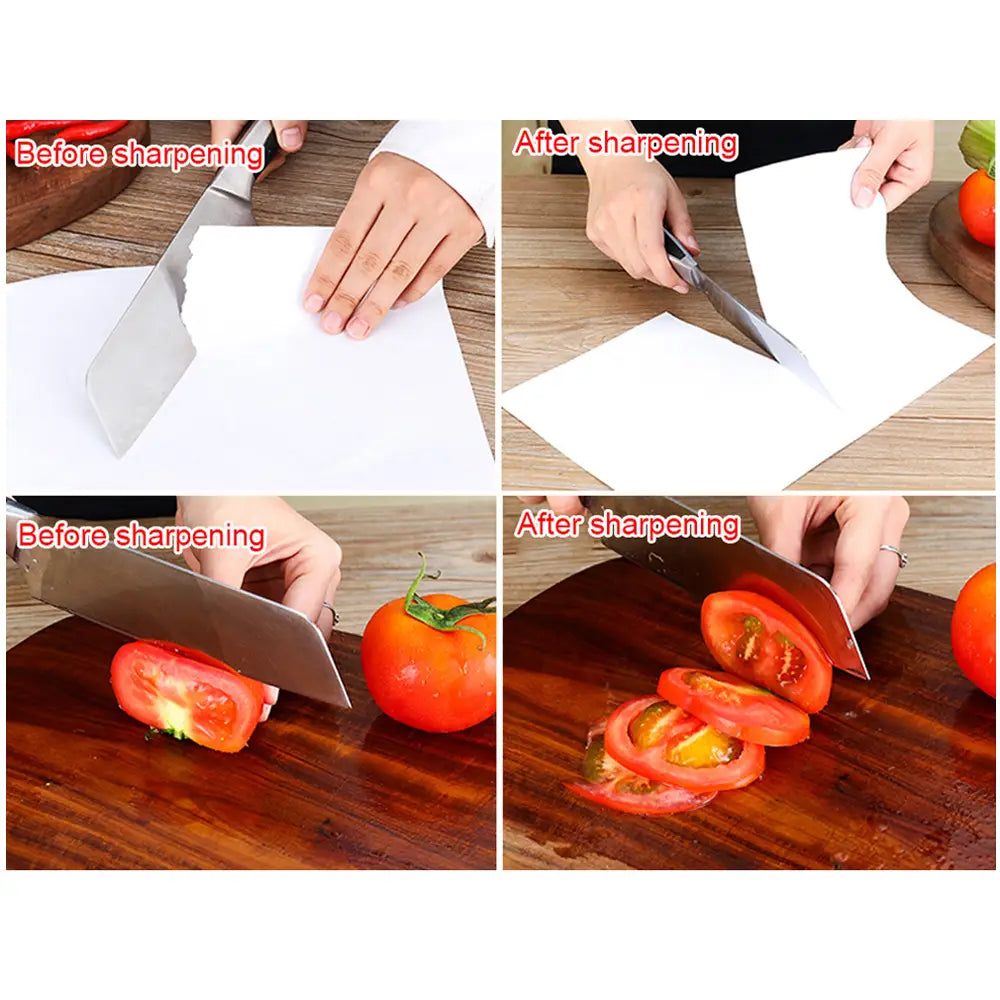 A sleek stainless steel chef’s knife with a sharp polished blade and ergonomic handle shown with a professional 3 stage diamond knife sharpener tool.