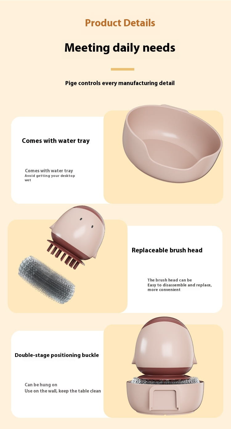 brosse pour plat en forme d’œuf en plastique beige, récurant-distributeur automatique de savon liquide, avec tête de brins remplaçable et boucle de positionnement à double étage, illustrée depuis le côté arrière