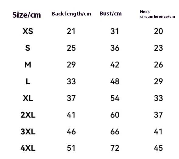 Size chart for a quilted dog vest windproof warm pet coat showing measurements in centimeters from size XS to 4XL.