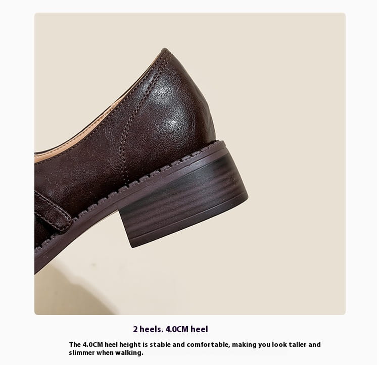 Black leather Mary Jane shoes with block heel featuring dark brown leather oxford style with 4.0cm heel and stitched detailing.