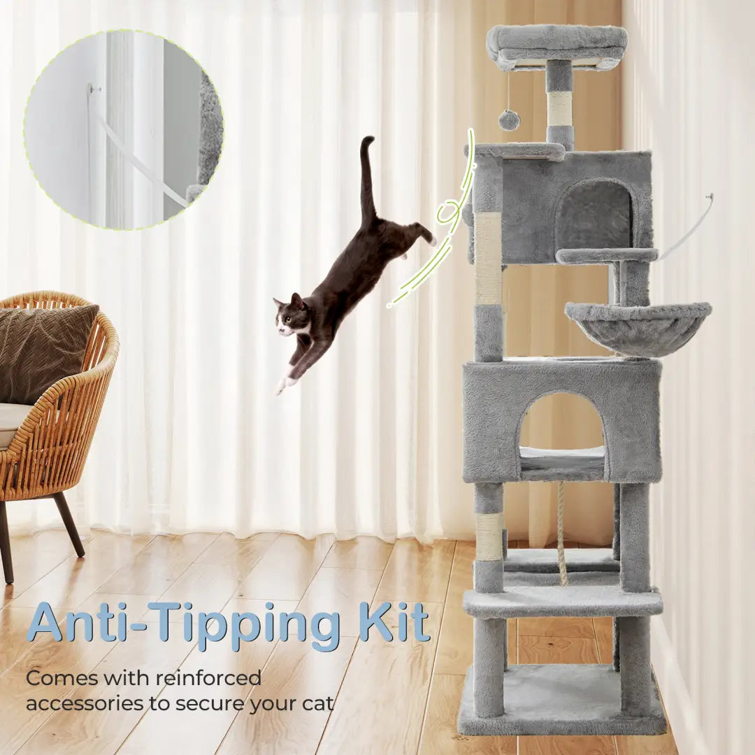 Gray 66 inch multi-cat tree tower and condo featuring multi-level plush platforms and sisal scratching posts for cat activity and comfort.